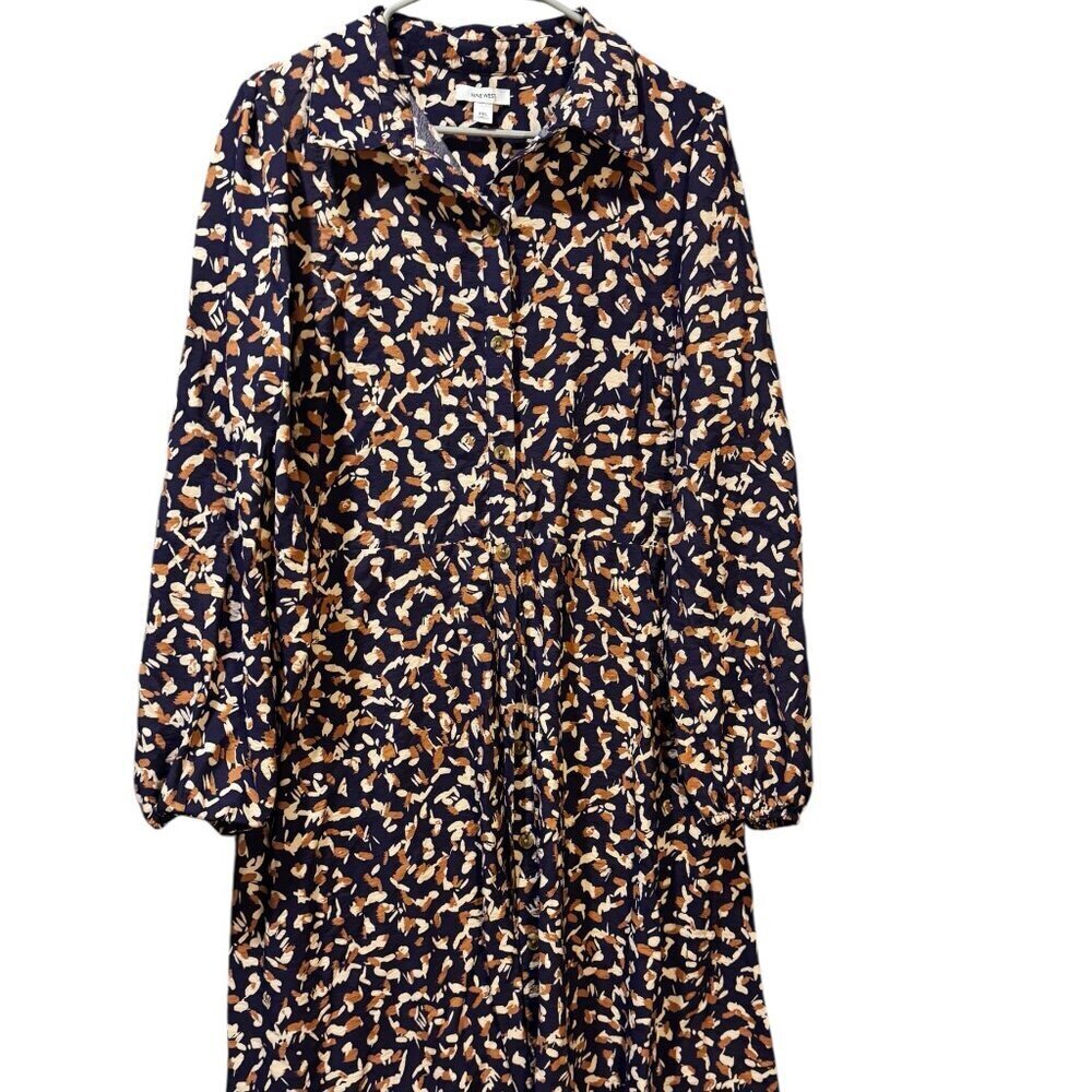 Nine West Navy Patterned Button-Down Long Sleeve … - image 1